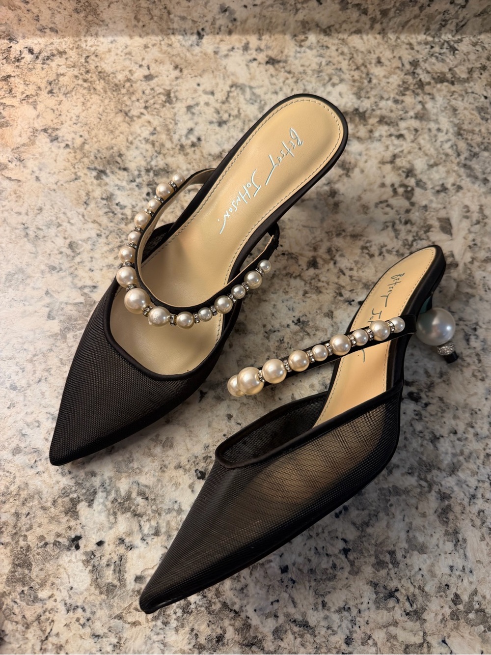 Betsey Johnson Black Pearl Rhinestone Embellished Pointed Kitten Heels Sexy - Picture 3 of 9
